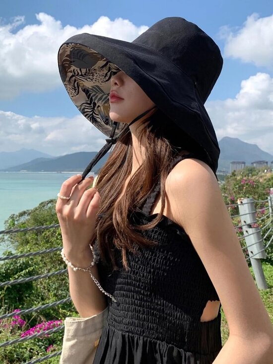 Women Wide Brim Summer Sun Hat Wired Edge Beach Bucket Fishing Hats Black main image 5